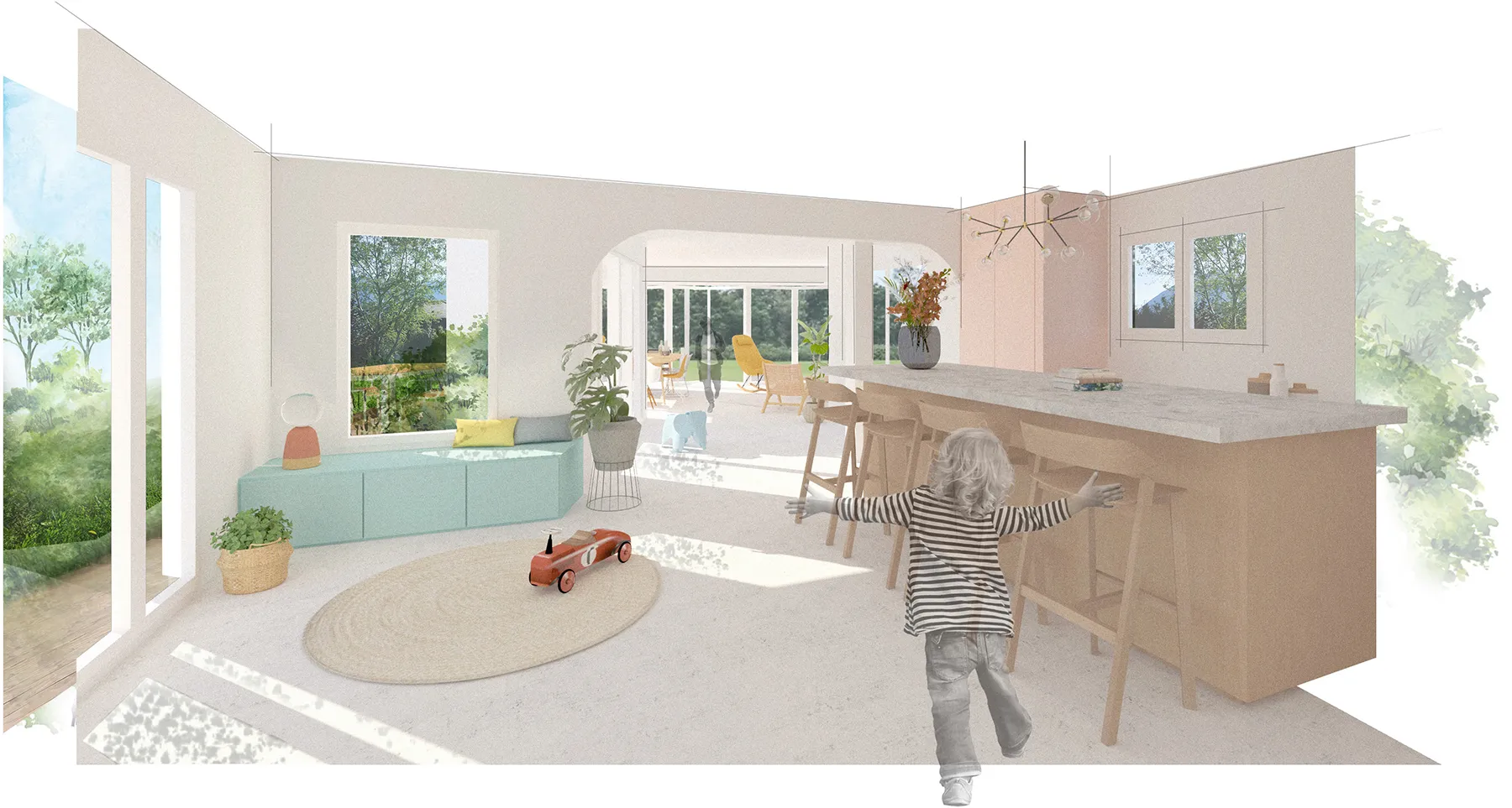 Esquisse de la maison F. - EXTENSION ET TRANSFORMATION INTERIEURE D’UNE MAISON INDIVIDUELLE à Duingt par Céline Commaille Architecte