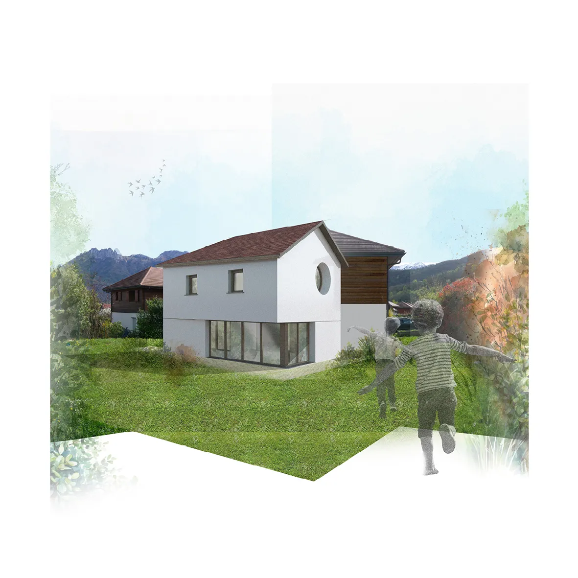 Esquisse de la maison F. - EXTENSION ET TRANSFORMATION INTERIEURE D’UNE MAISON INDIVIDUELLE à Duingt par Céline Commaille Architecte