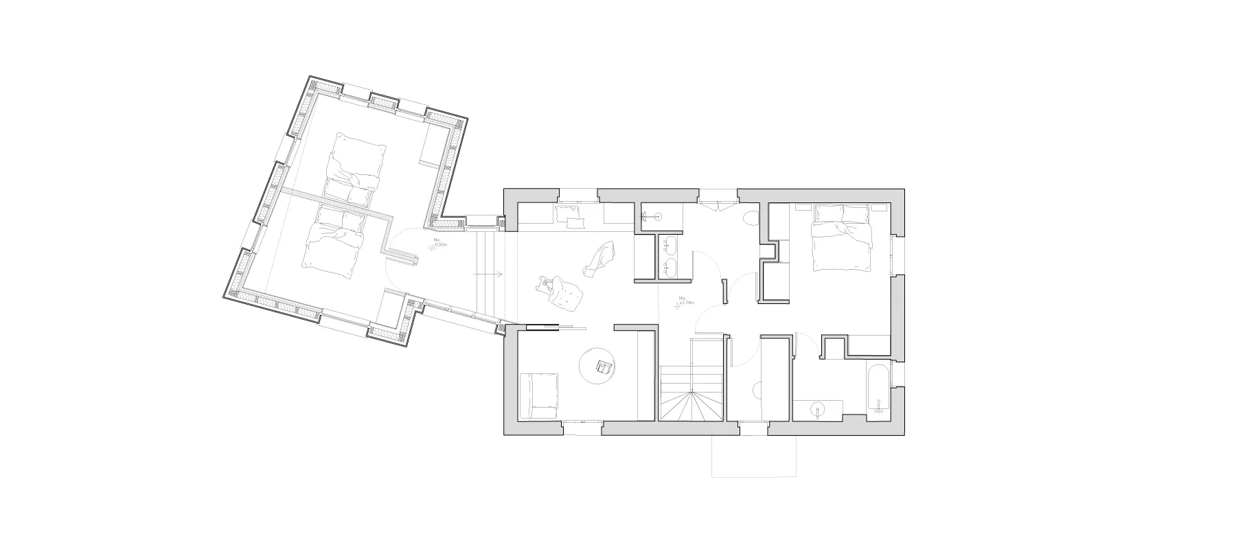 Esquisse de la maison F. - EXTENSION ET TRANSFORMATION INTERIEURE D’UNE MAISON INDIVIDUELLE à Duingt par Céline Commaille Architecte